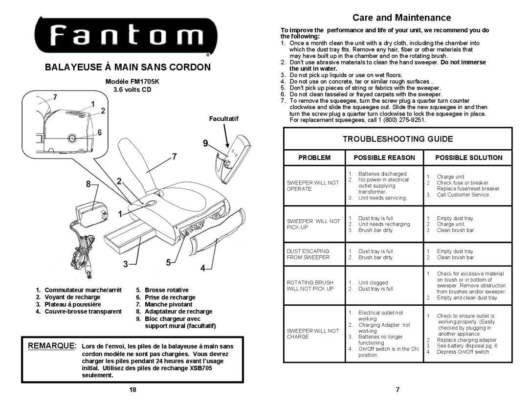 Fantom Vacuum FM1705K owner manual Balayeuse À Main Sans Cordon, Care and Maintenance, Troubleshooting Guide 