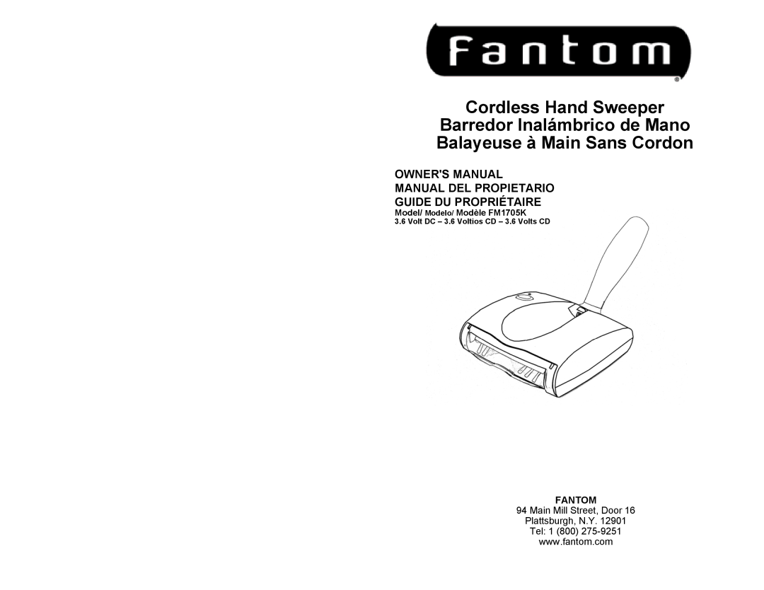 Fantom Vacuum FM1705K owner manual Cordless Hand Sweeper, Owners Manual Manual Del Propietario, Guide Du Propriétaire 
