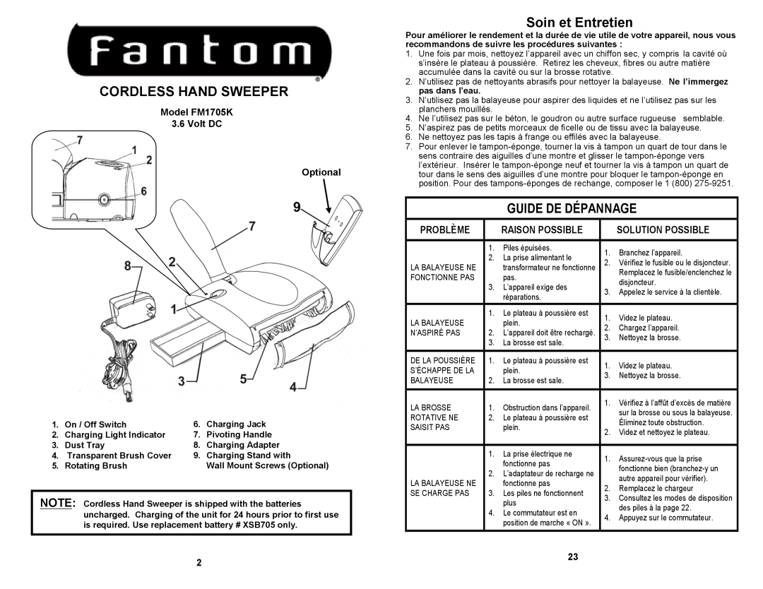 Fantom Vacuum Cordless Hand Sweeper, Soin et Entretien, Guide De Dépannage, Model FM1705K 3.6 Volt DC Optional 