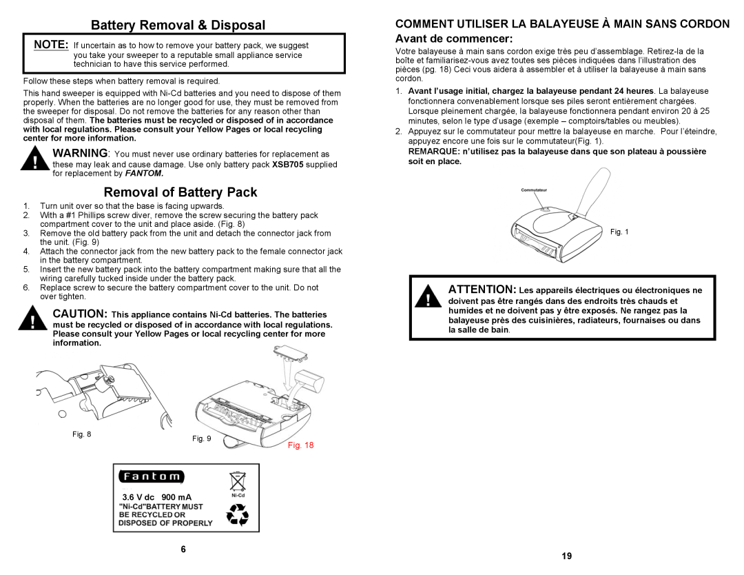 Fantom Vacuum FM1705K owner manual Battery Removal & Disposal, Removal of Battery Pack, 6 19, Fig 