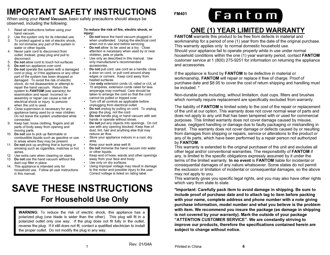 Fantom Vacuum FM401 owner manual Important Safety Instructions 