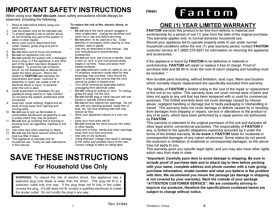 Fantom Vacuum FM401 owner manual For Household Use Only, Save These Instructions, Important Safety Instructions 