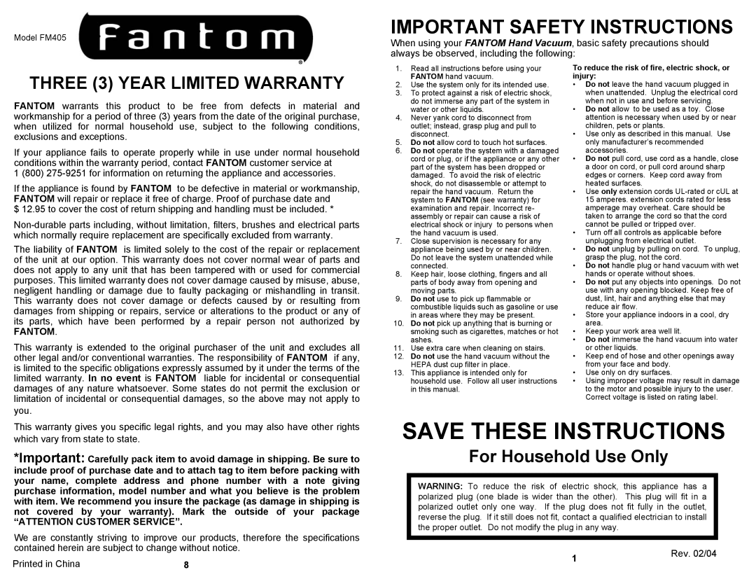 Fantom Vacuum FM405 owner manual Important Safety Instructions, Rev /04 