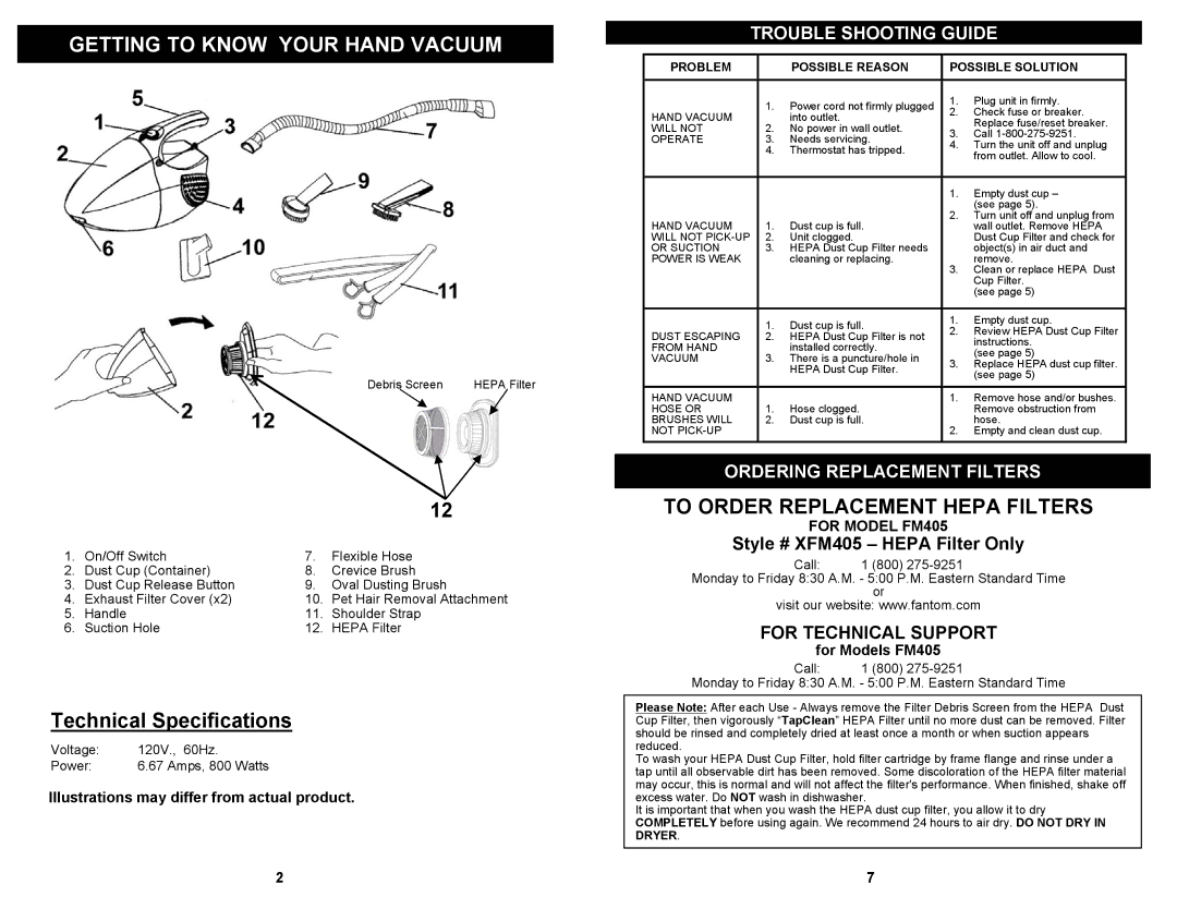 Fantom Vacuum FM405 Trouble Shooting Guide, Ordering Replacement Filters, Illustrations may differ from actual product 