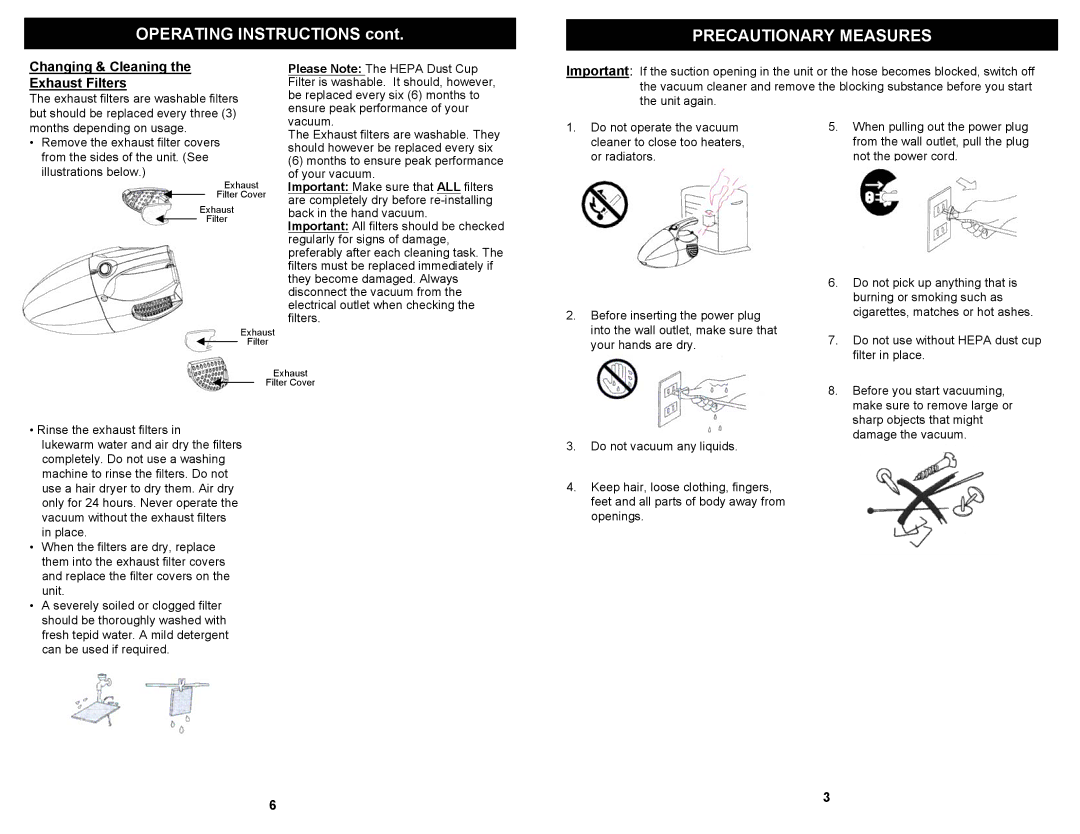 Fantom Vacuum FM405 owner manual Precautionary Measures, Changing & Cleaning Exhaust Filters 