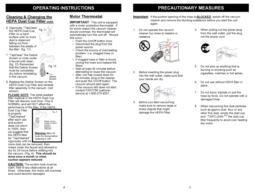 Fantom Vacuum FM430H Operating Instructions Precautionary Measures, Cleaning & Changing the Hepa Dust Cup Filter 