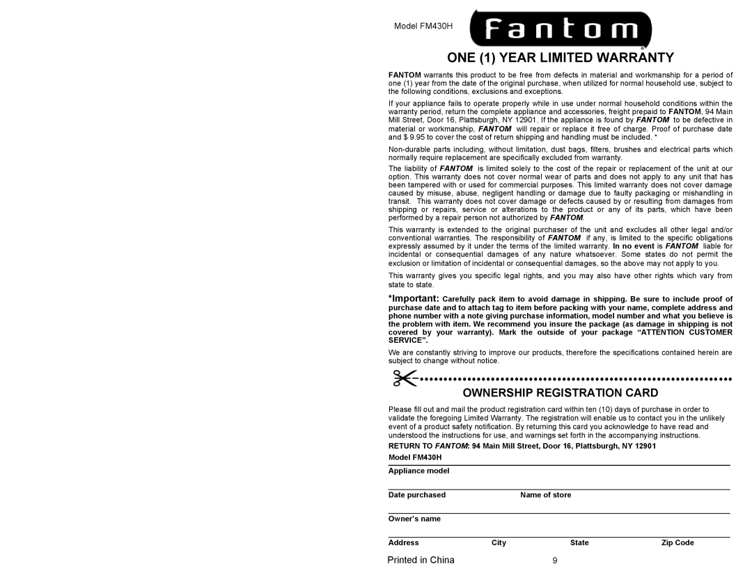 Fantom Vacuum FM430H owner manual ONE 1 YEAR LIMITED WARRANTY, Ownership Registration Card 