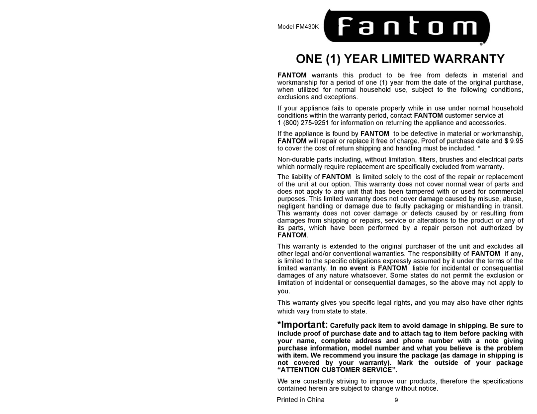 Fantom Vacuum FM430K owner manual ONE 1 YEAR LIMITED WARRANTY, Fantom, “Attention Customer Service” 