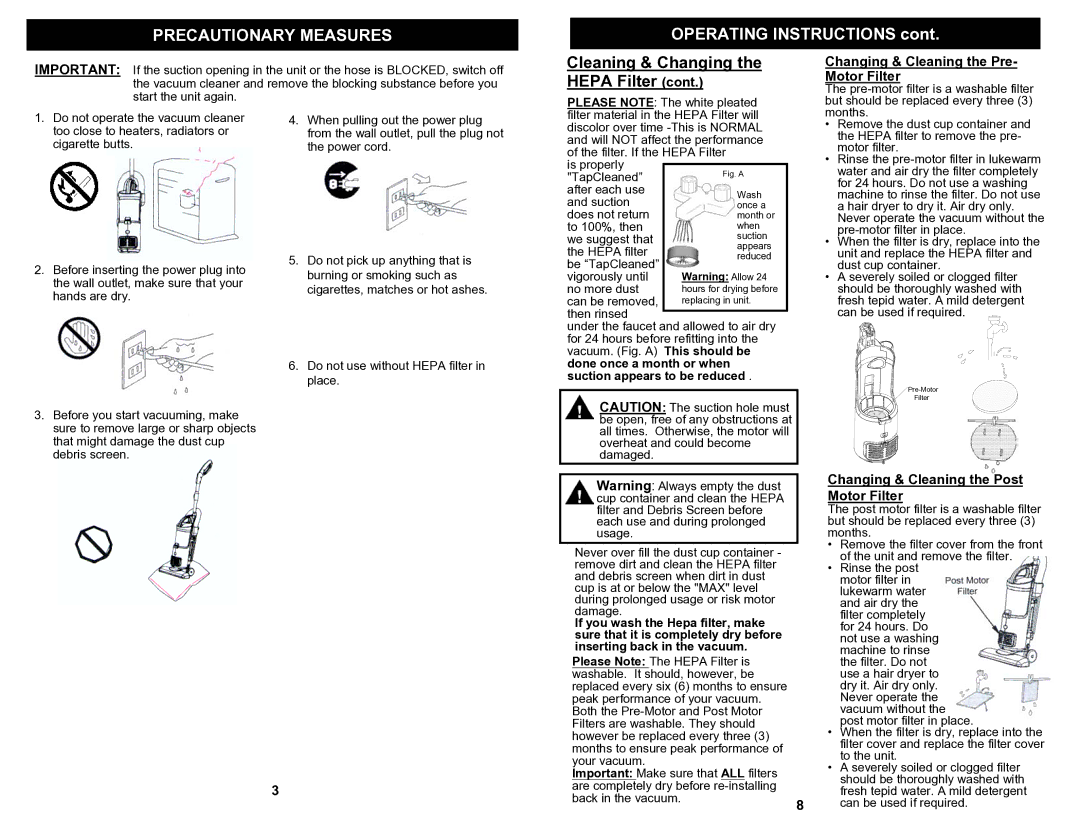 Fantom Vacuum FM604 Precautionary Measures, Cleaning & Changing the Hepa Filter, Changing & Cleaning the Pre- Motor Filter 