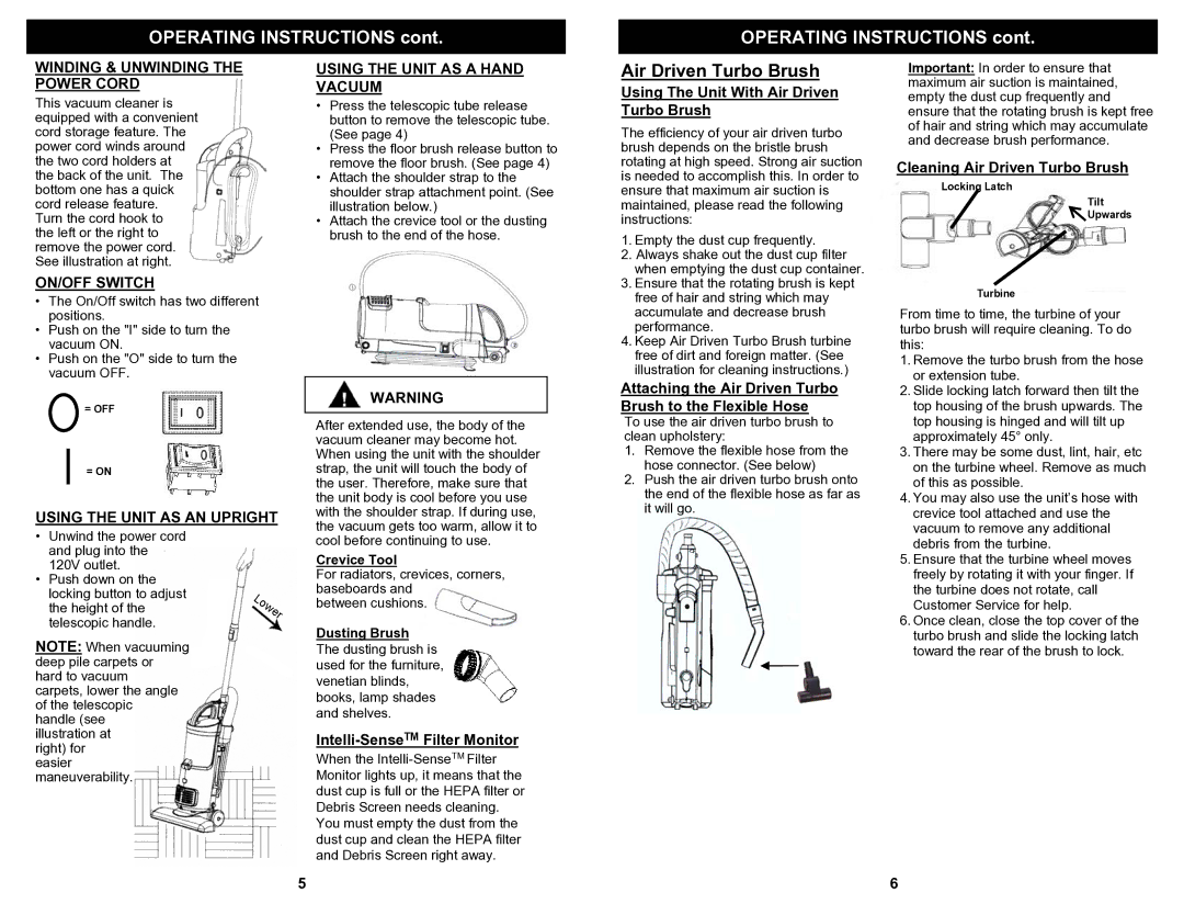 Fantom Vacuum FM604 owner manual Air Driven Turbo Brush, Winding & Unwinding the Power Cord, ON/OFF Switch 