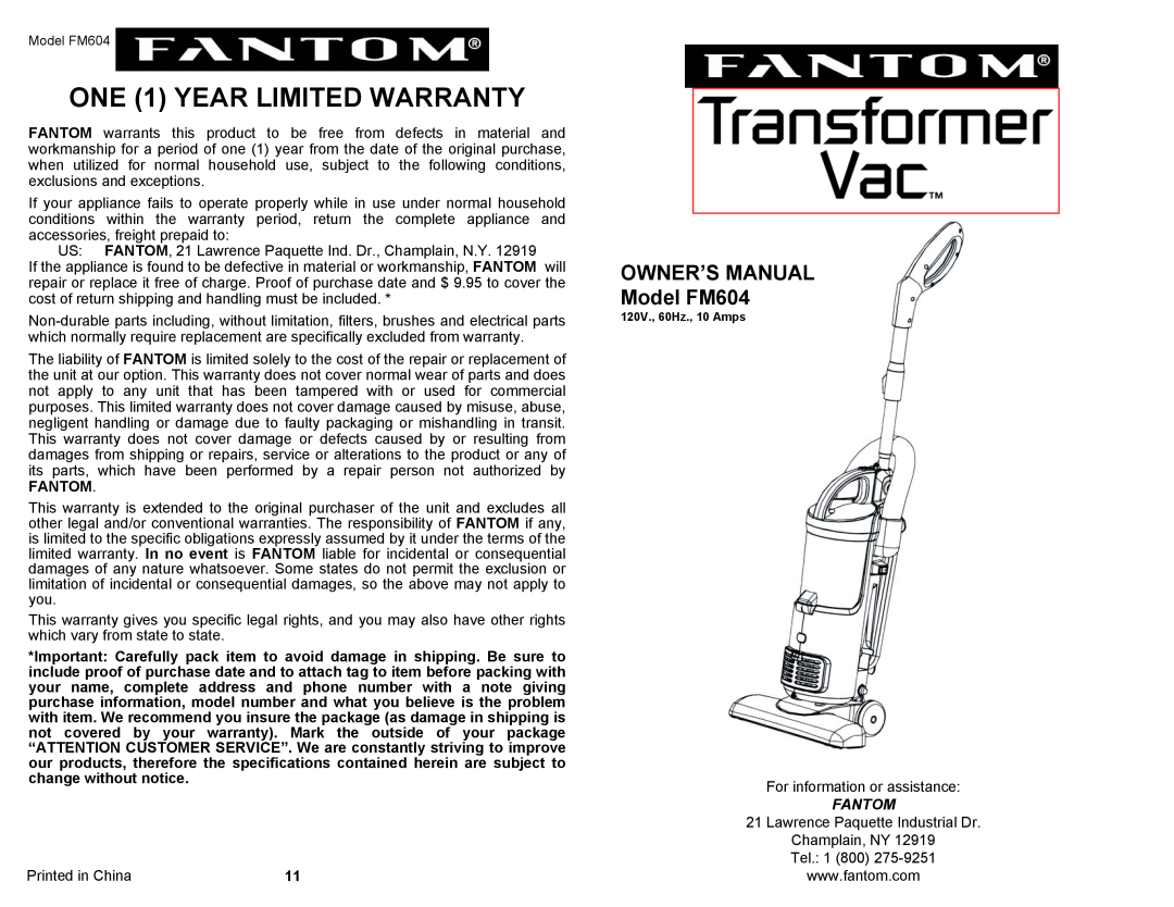 Fantom Vacuum FM604 owner manual ONE 1 YEAR LIMITED WARRANTY, Fantom 