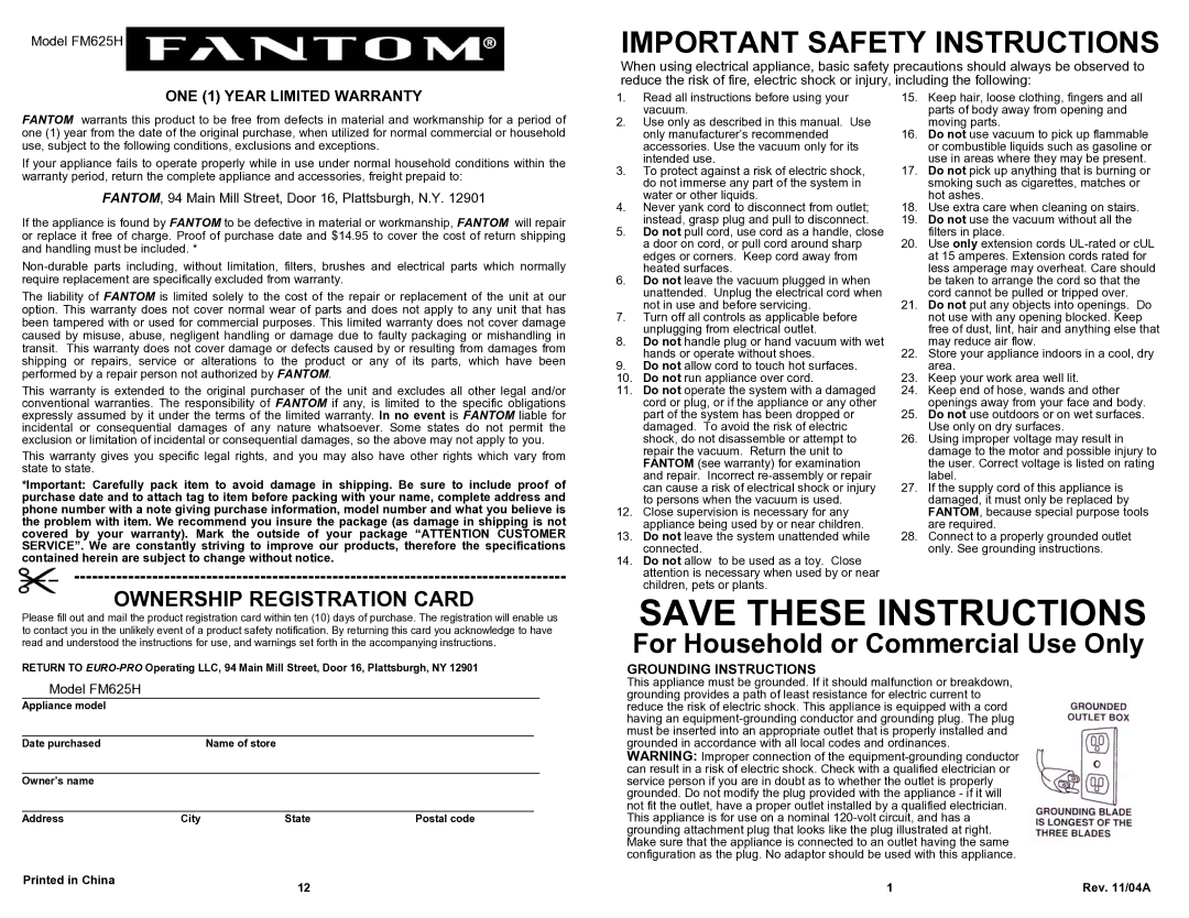 Fantom Vacuum Important Safety Instructions, Model FM625H, FANTOM, 94 Main Mill Street, Door 16, Plattsburgh, N.Y 