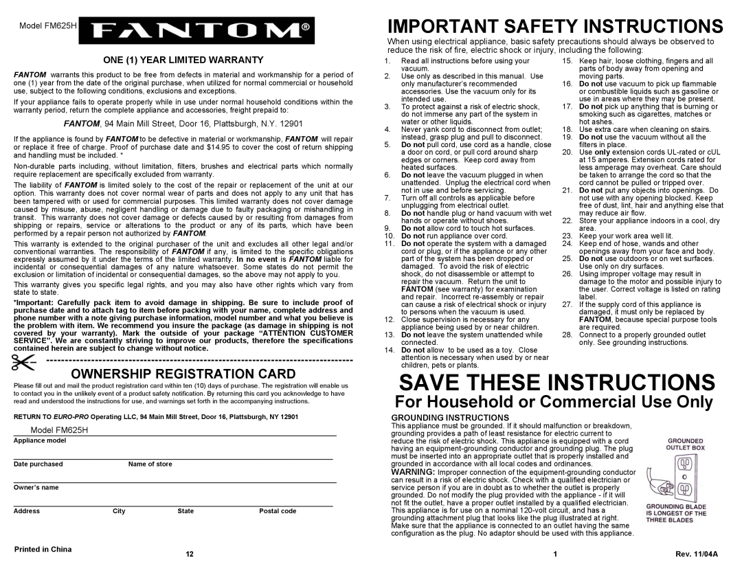 Fantom Vacuum FM625H Important Safety Instructions, Ownership Registration Card, ONE 1 YEAR LIMITED WARRANTY, Rev. 11/04A 