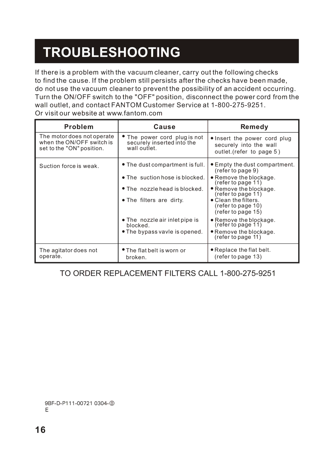 Fantom Vacuum FM655CS instruction manual Troubleshooting, Problem Cause Remedy 