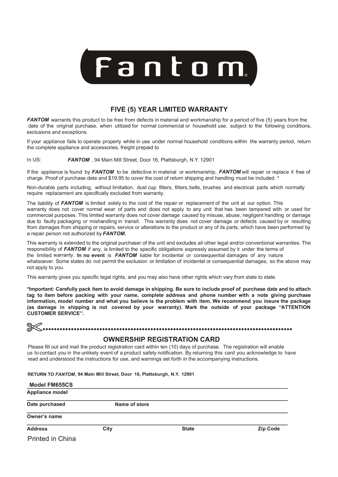 Fantom Vacuum FM655CS instruction manual Five 5 Year Limited Warranty 