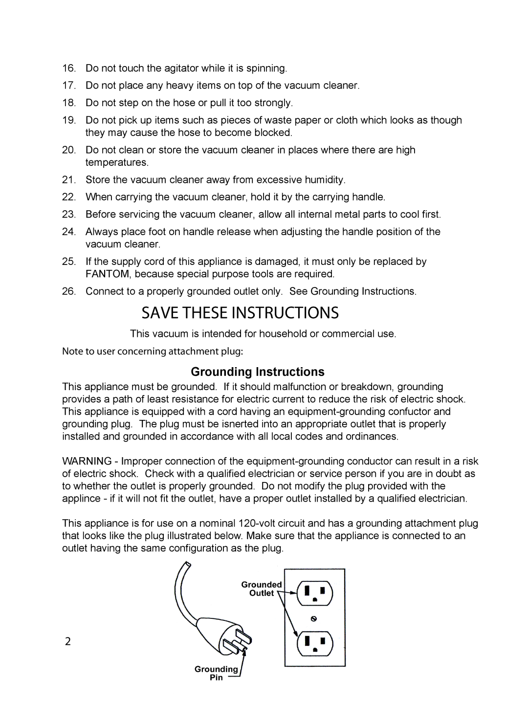 Fantom Vacuum FM655CS instruction manual Grounding Instructions 