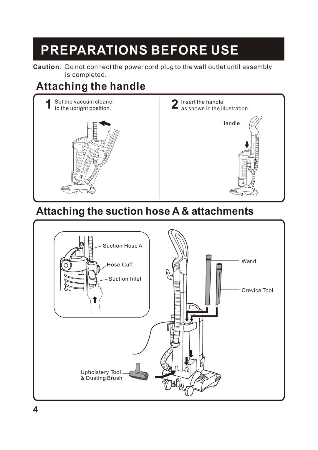 Fantom Vacuum FM655CS instruction manual Preparations Before USE, Attaching the handle 