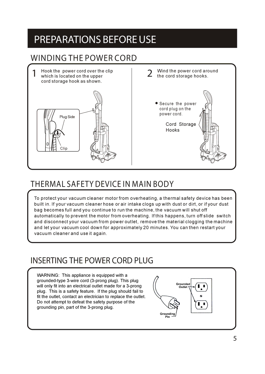 Fantom Vacuum FM655CS instruction manual Thermal Safety Device in Main Body, Inserting the Power Cord Plug 