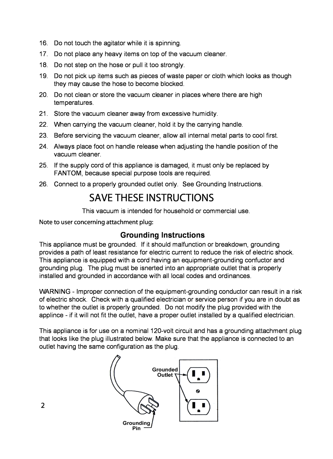 Fantom Vacuum FM655CS Save These Instructions, Grounding Instructions, Note to user concerning attachment plug 