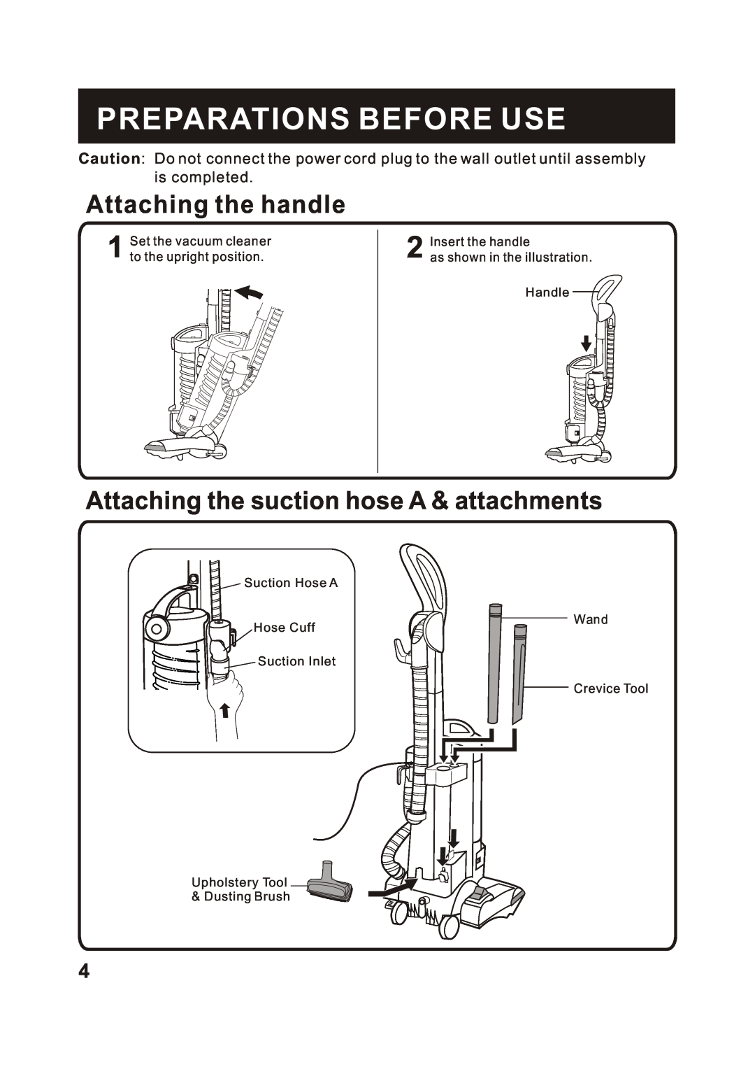 Fantom Vacuum FM655CS Preparations Before Use, Attaching the handle, Attaching the suction hose A & attachments 