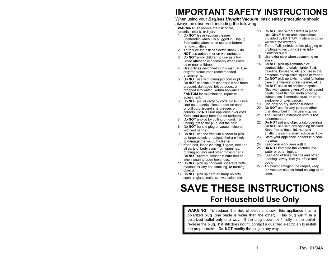 Fantom Vacuum FM718 owner manual Important Safety Instructions, For Household Use Only 