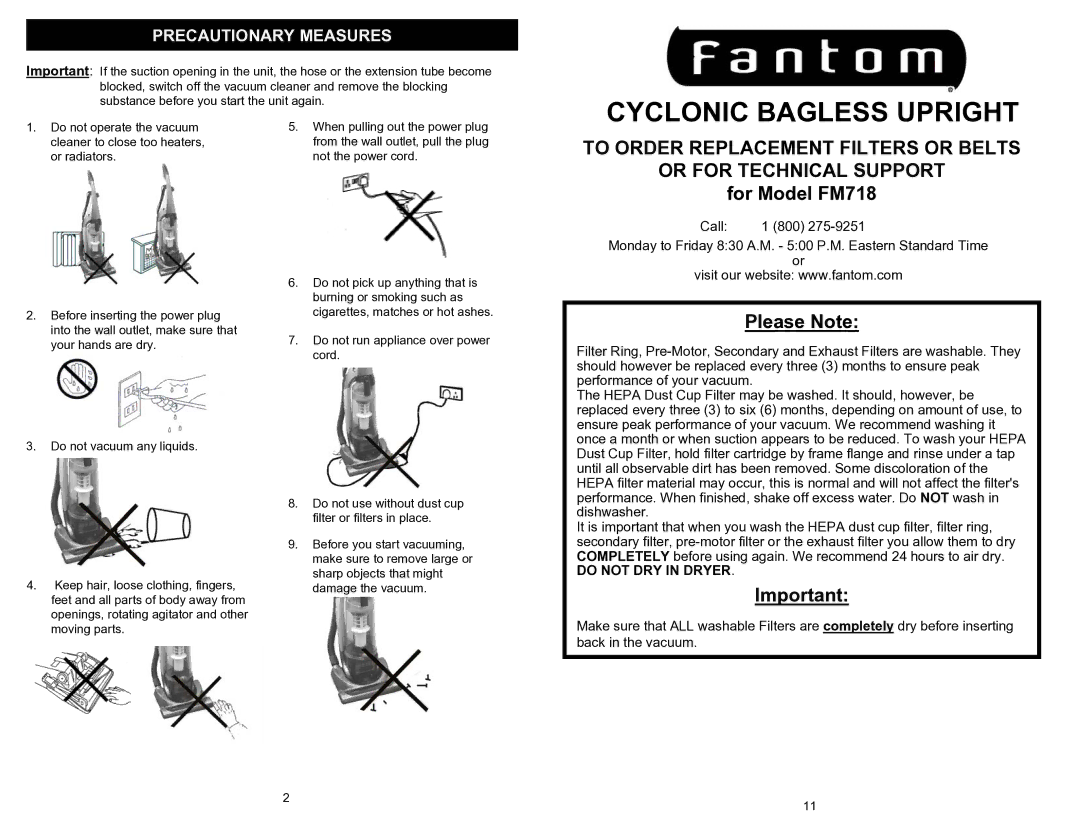 Fantom Vacuum owner manual For Model FM718, Precautionary Measures 