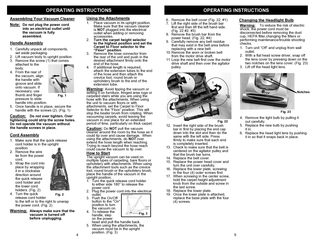 Fantom Vacuum FM718 owner manual Operating Instructions 