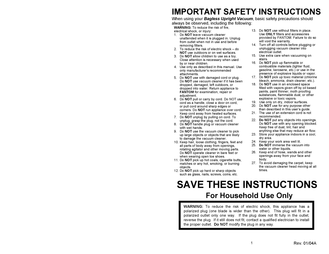 Fantom Vacuum FM718 owner manual Important Safety Instructions, Save These Instructions, For Household Use Only 