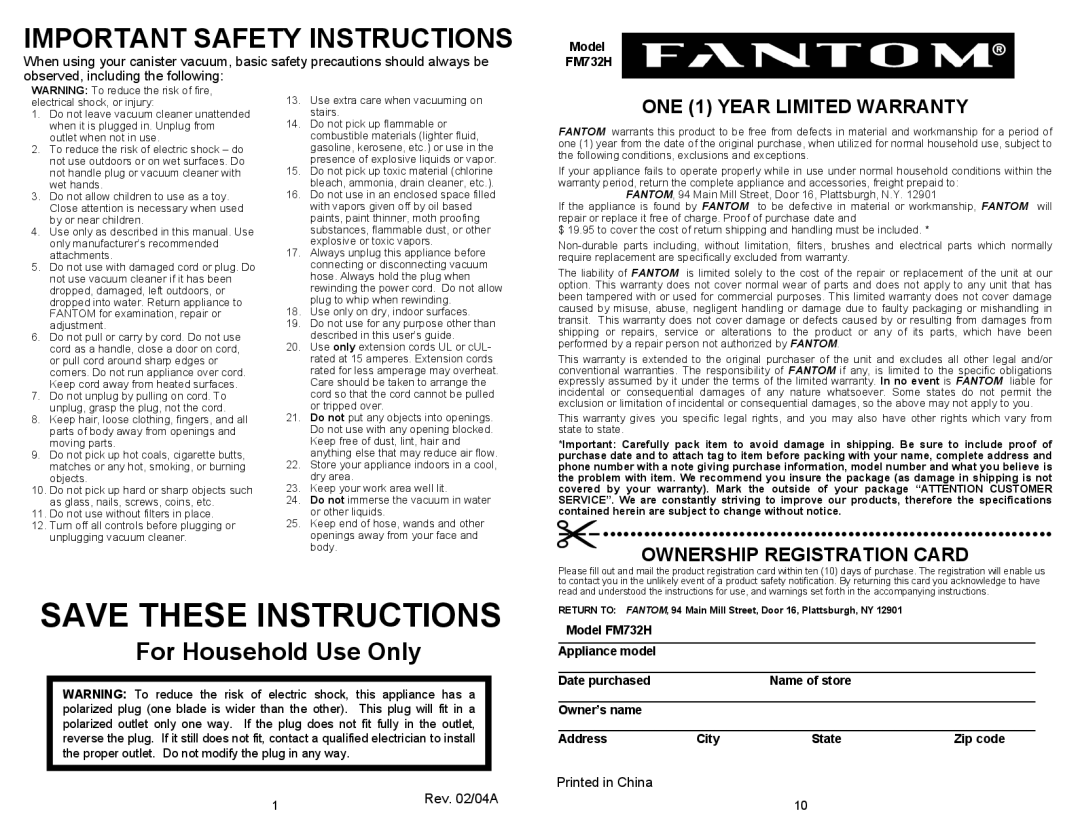 Fantom Vacuum owner manual Important Safety Instructions, Model FM732H 