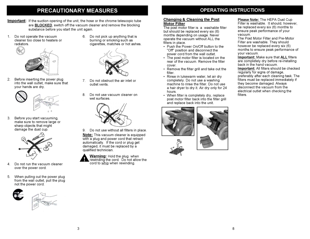 Fantom Vacuum FM732H owner manual Operating Instructions, Changing & Cleaning the Post Motor Filter 