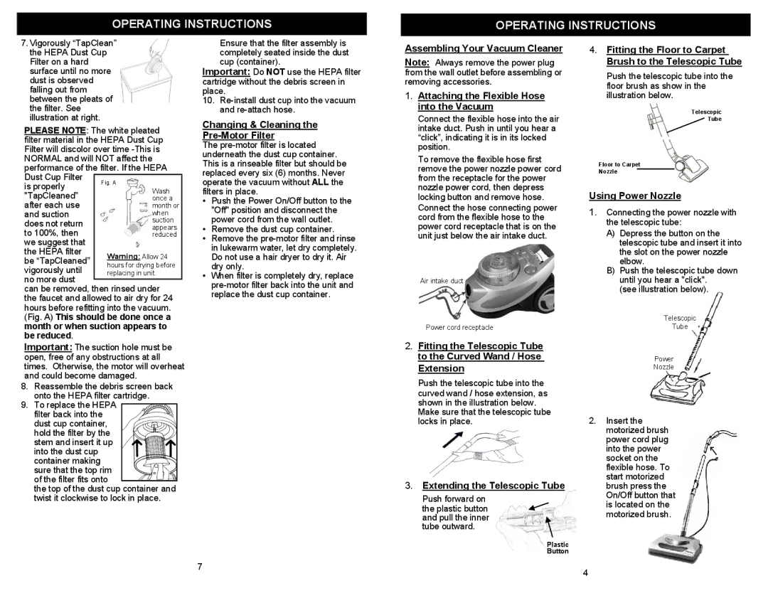 Fantom Vacuum FM732H owner manual Changing & Cleaning Pre-Motor Filter, Extending the Telescopic Tube, Using Power Nozzle 