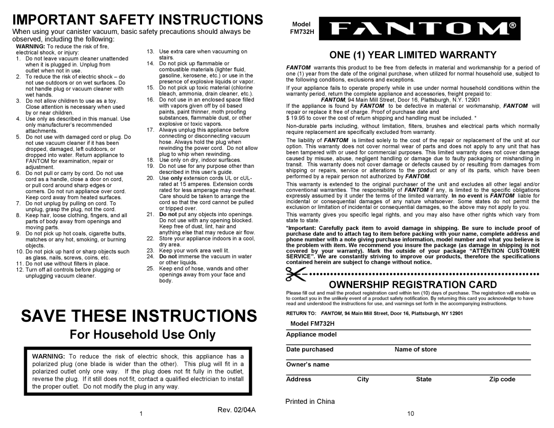 Fantom Vacuum FM732H ONE 1 YEAR LIMITED WARRANTY, Ownership Registration Card, Save These Instructions, Rev. 02/04A 