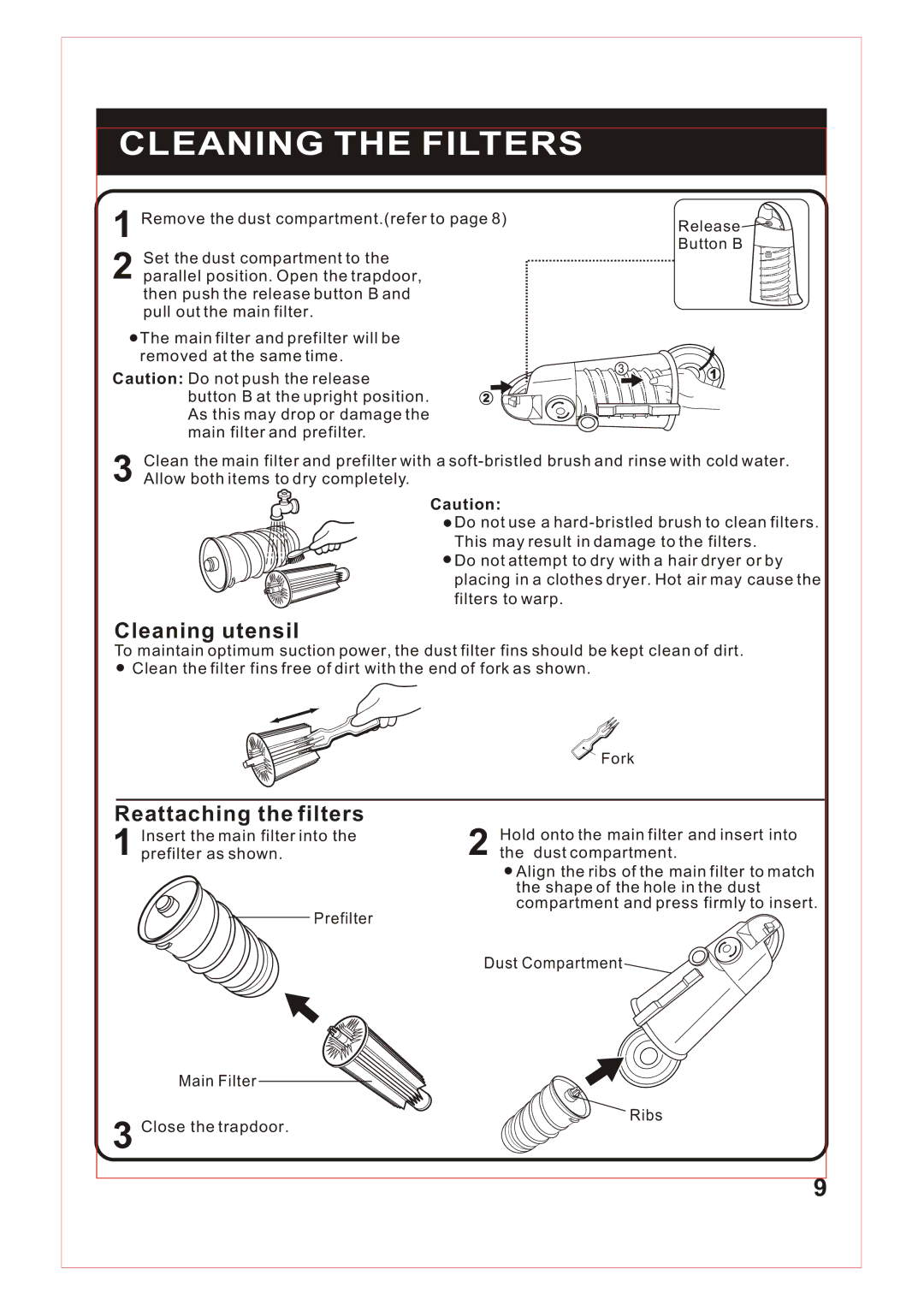 Fantom Vacuum FM740 B instruction manual Cleaning the Filters, Cleaning utensil 