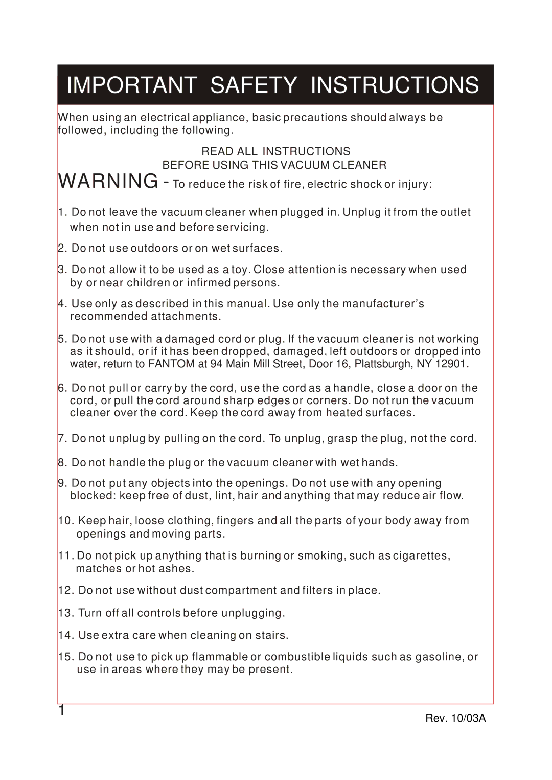 Fantom Vacuum FM740 B instruction manual Important Safety Instructions 