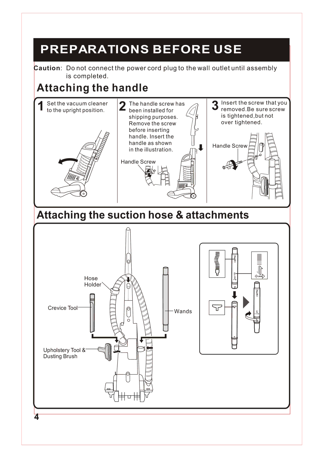 Fantom Vacuum FM740 B instruction manual Preparations Before USE, Attaching the handle 