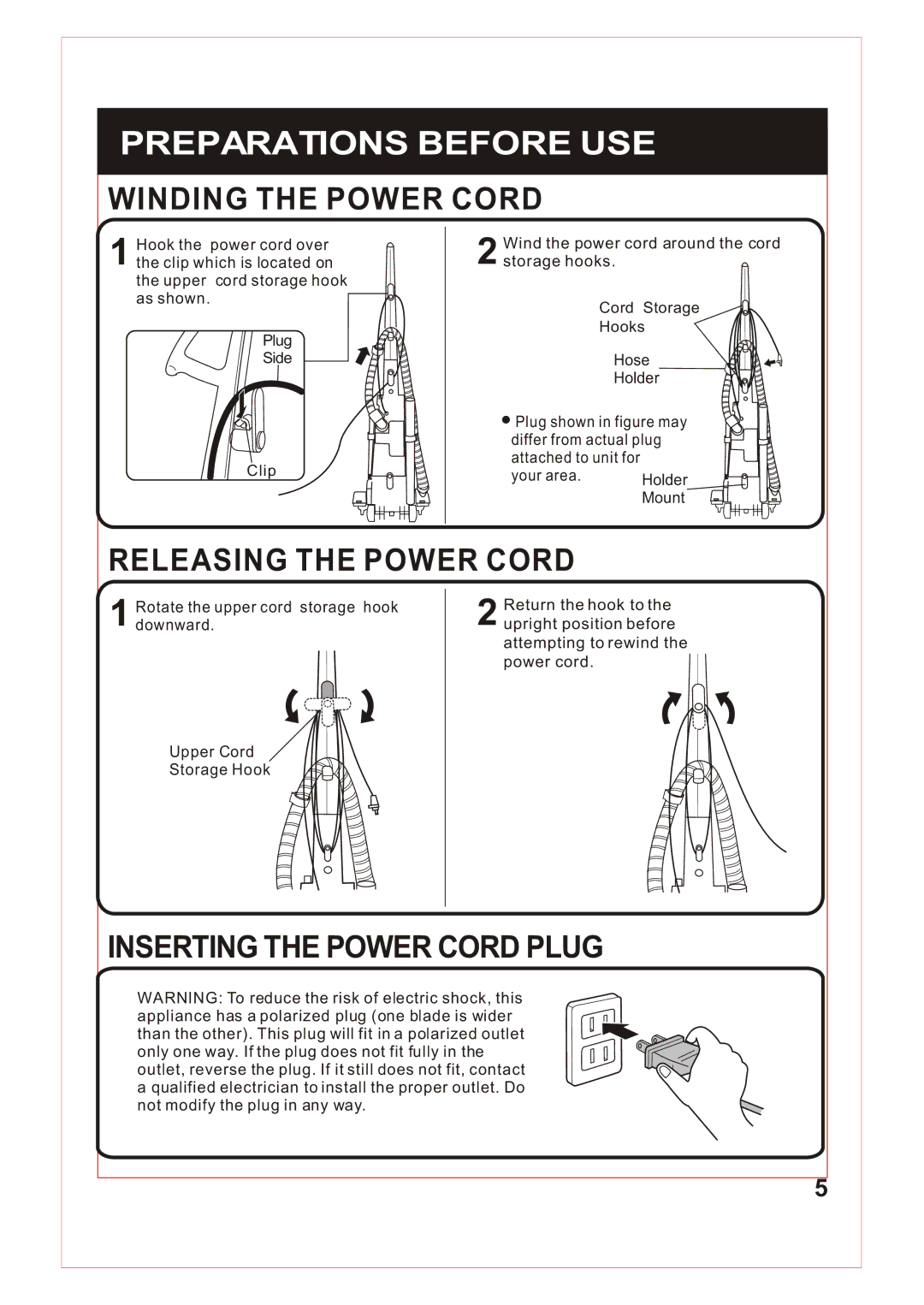 Fantom Vacuum FM740 B instruction manual Winding the Power Cord, Releasing the Power Cord, Inserting the Power Cord Plug 