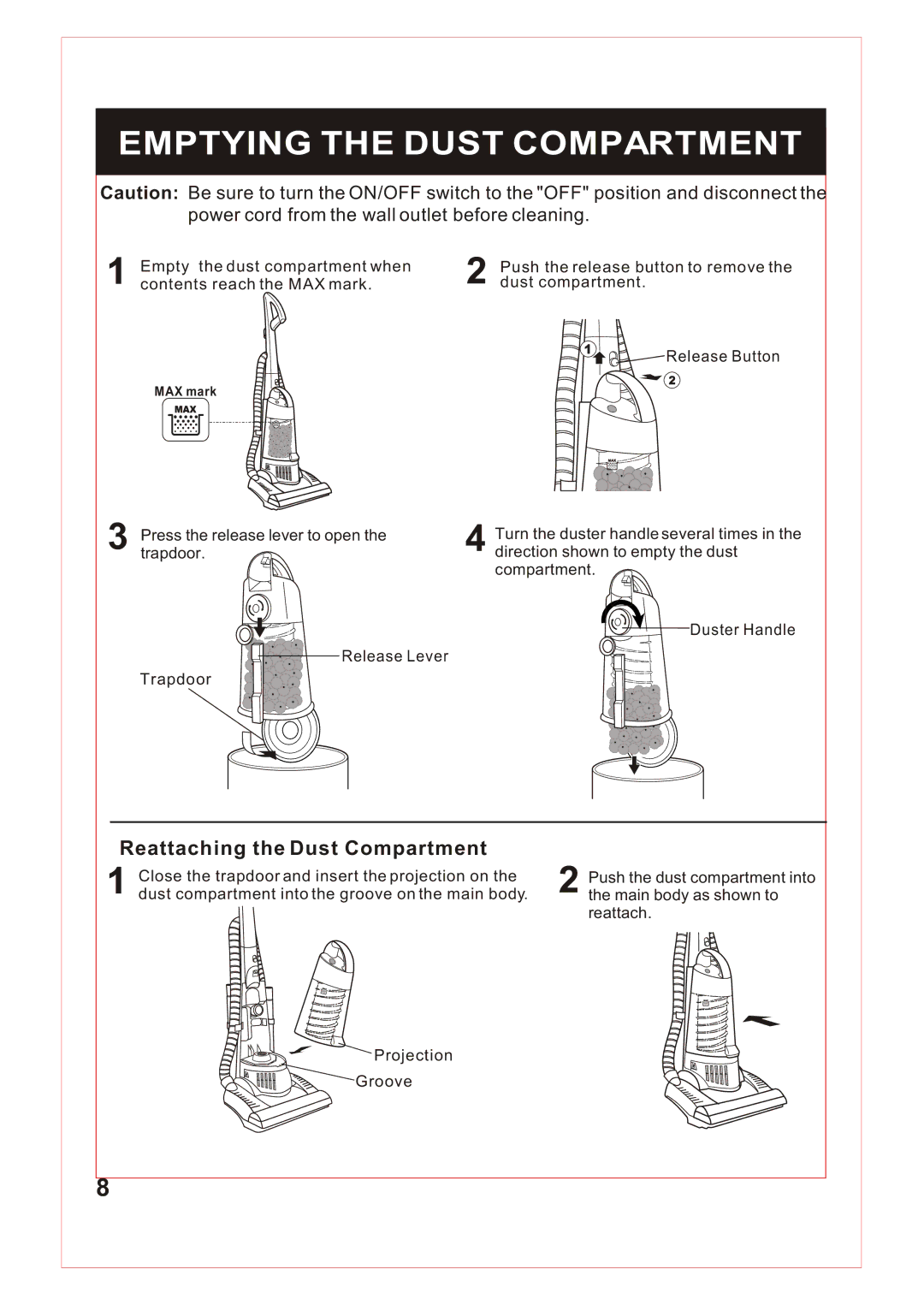 Fantom Vacuum FM740 B instruction manual Emptying the Dust Compartment, Power cord from the wall outlet before cleaning 