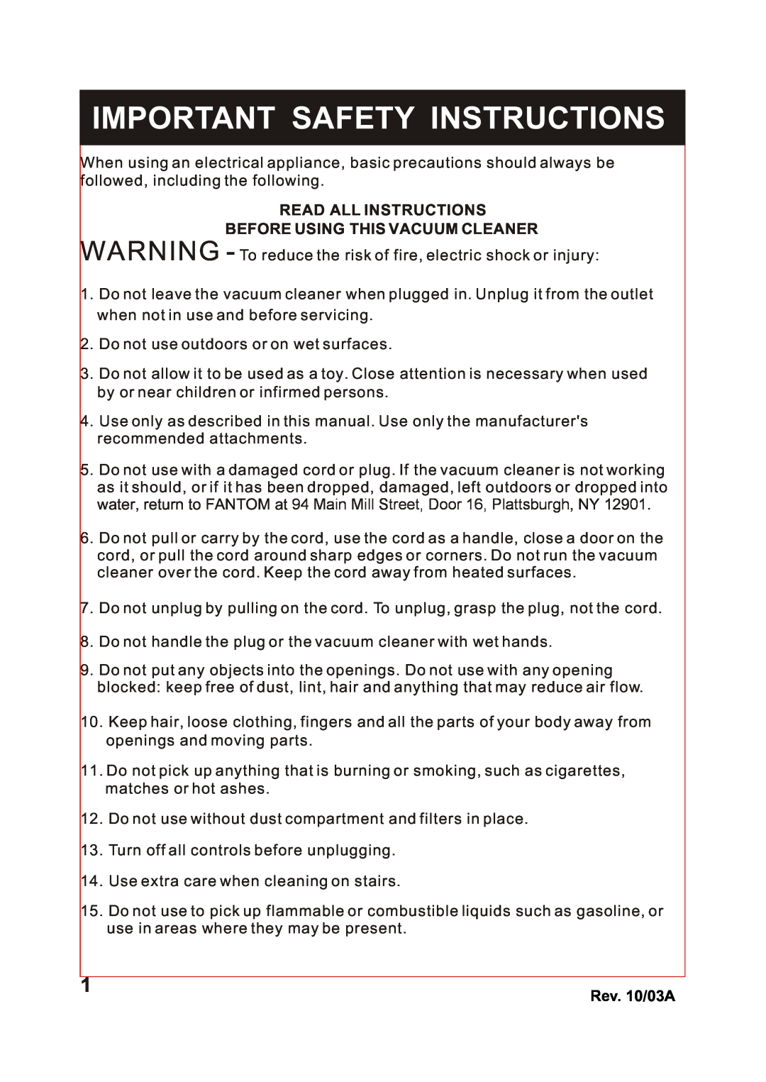 Fantom Vacuum FM740 B Important Safety Instructions, Do not use outdoors or on wet surfaces, Read All Instructions 