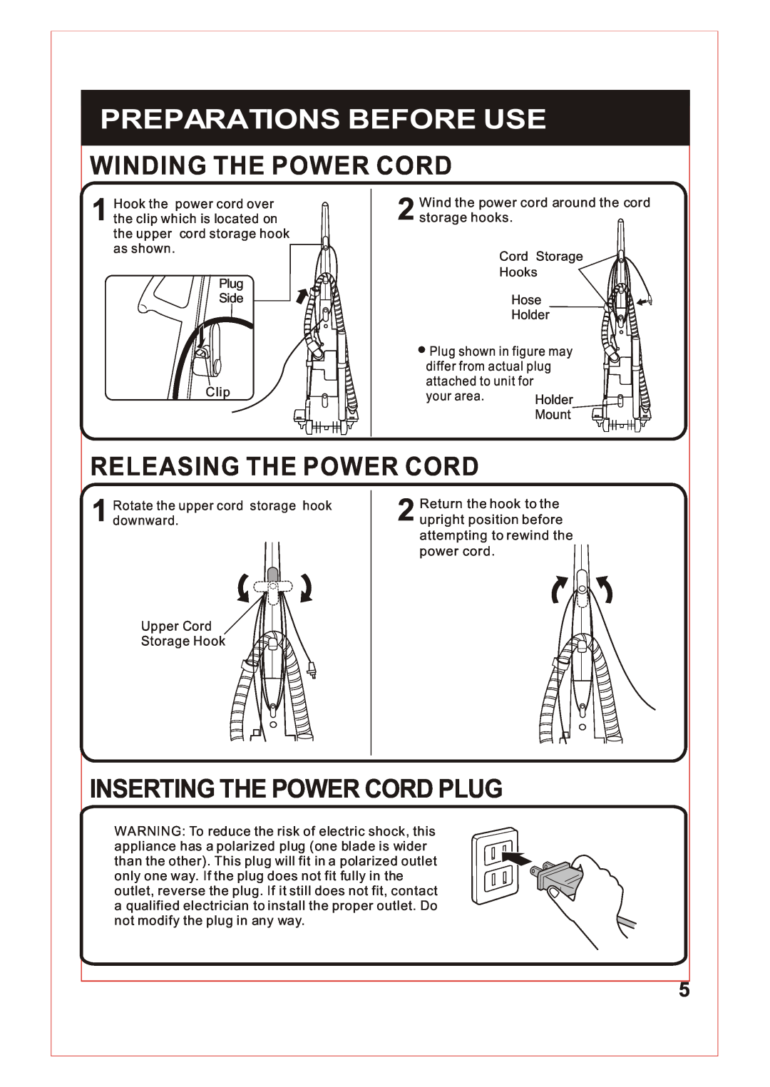 Fantom Vacuum FM740 B instruction manual Winding The Power Cord, Releasing The Power Cord, Inserting The Power Cord Plug 
