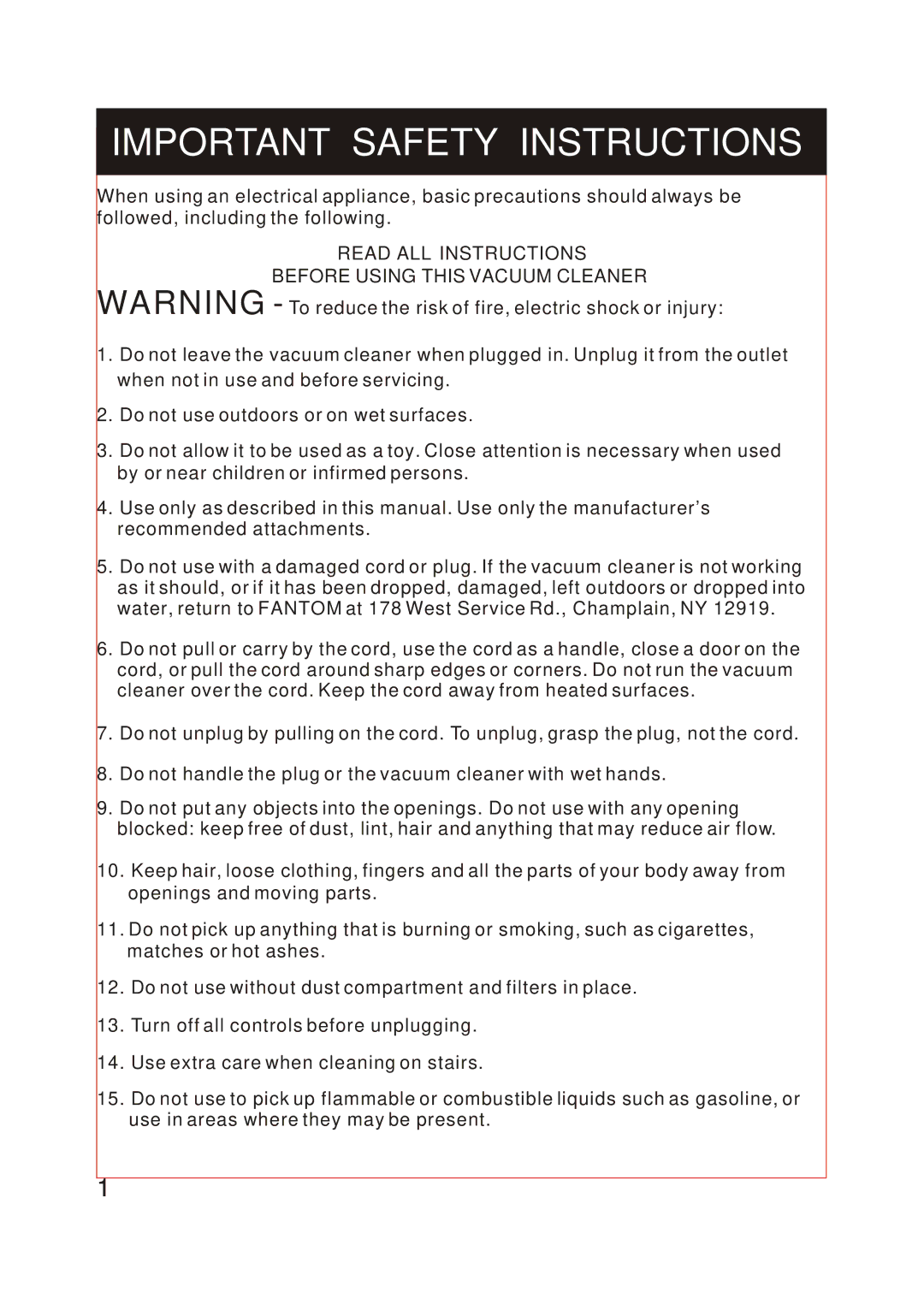 Fantom Vacuum FM740 instruction manual Important Safety Instructions 