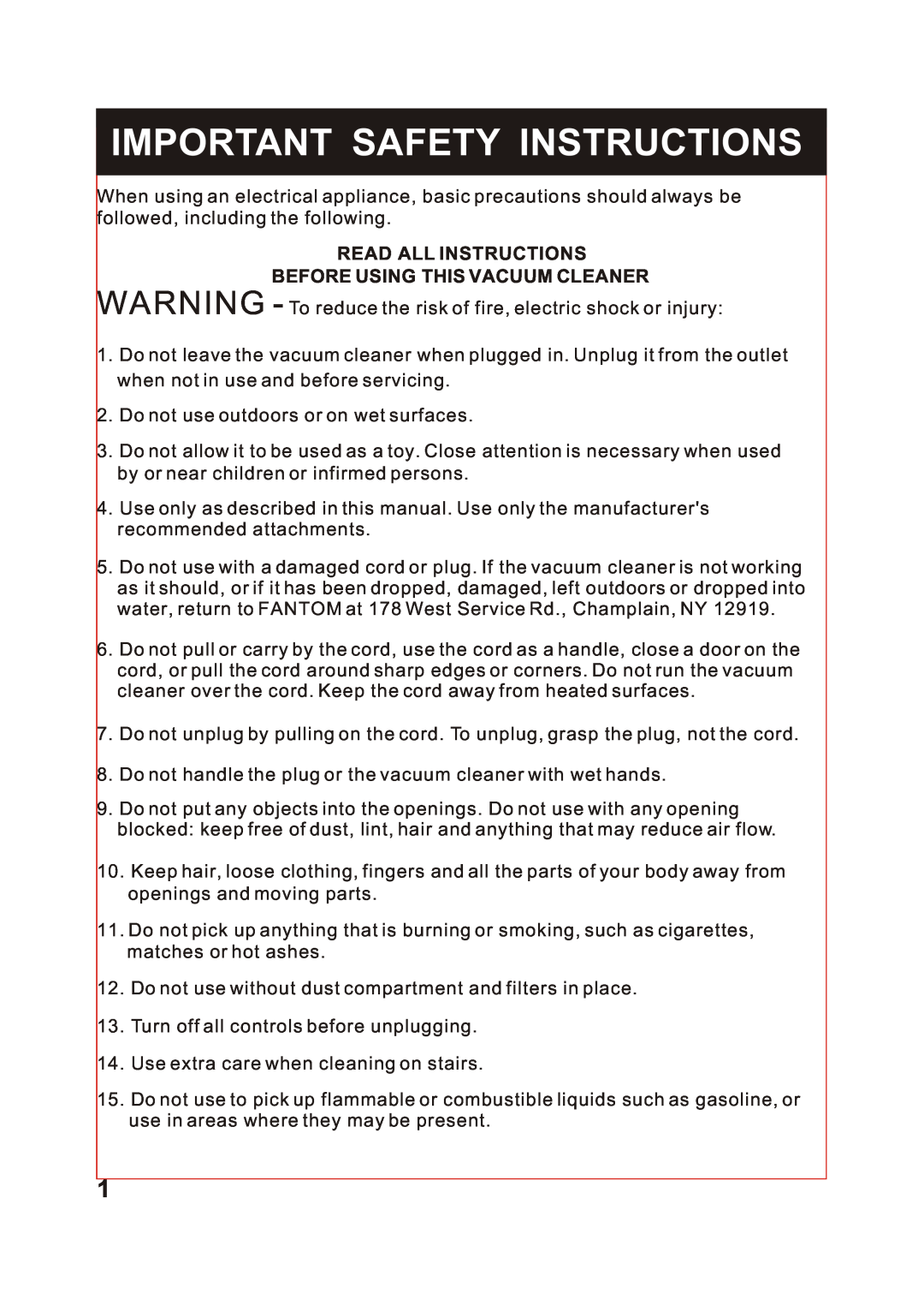 Fantom Vacuum FM740 Important Safety Instructions, WARNING - To reduce the risk of fire, electric shock or injury 