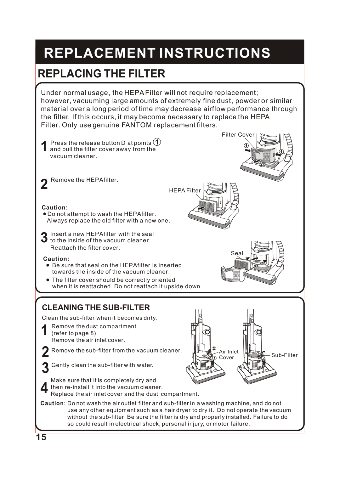 Fantom Vacuum FM741 instruction manual Replacing the Filter, Pull the filter cover away from 