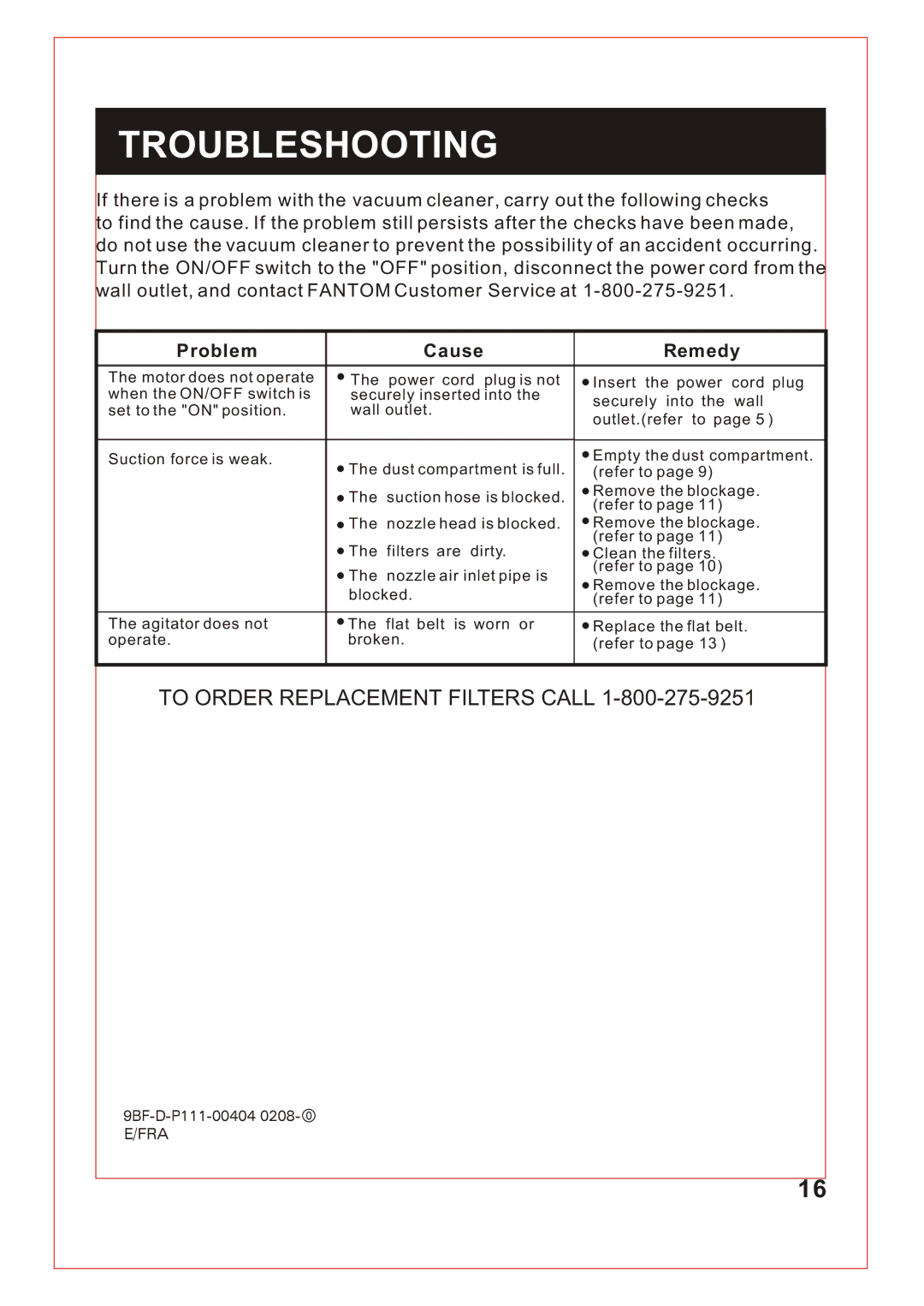 Fantom Vacuum FM741 instruction manual Troubleshooting, Problem Cause Remedy 