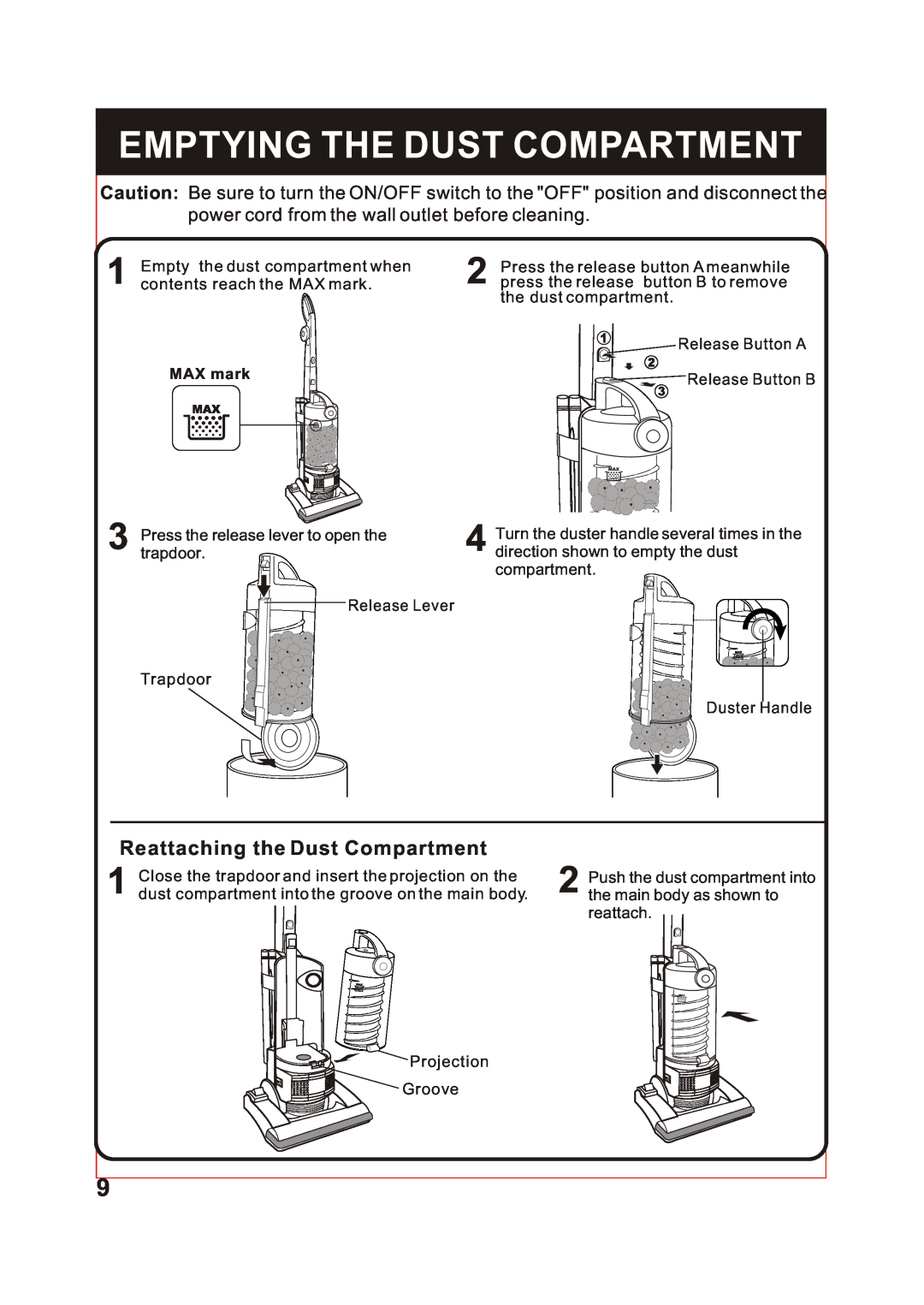 Fantom Vacuum FM741 instruction manual Emptying The Dust Compartment, power cord from the wall outlet before cleaning 