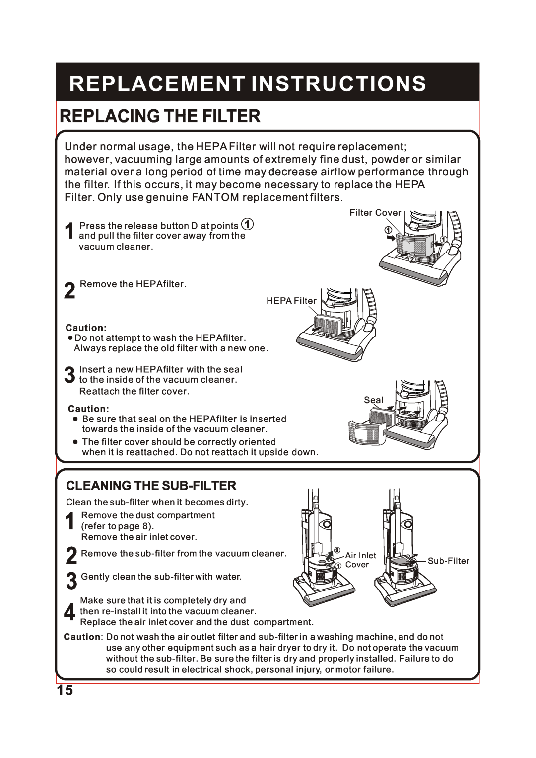 Fantom Vacuum FM741 instruction manual Replacing The Filter, Cleaning The Sub-Filter, Replacement Instructions 