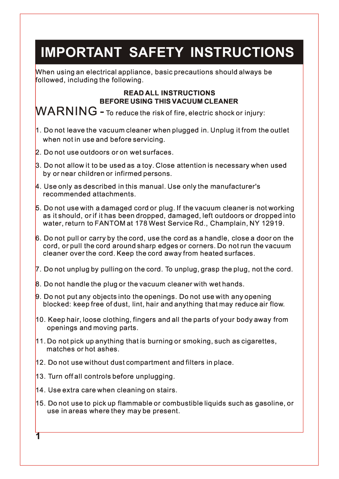 Fantom Vacuum FM741 Important Safety Instructions, Read All Instructions, Before Using This Vacuum Cleaner 