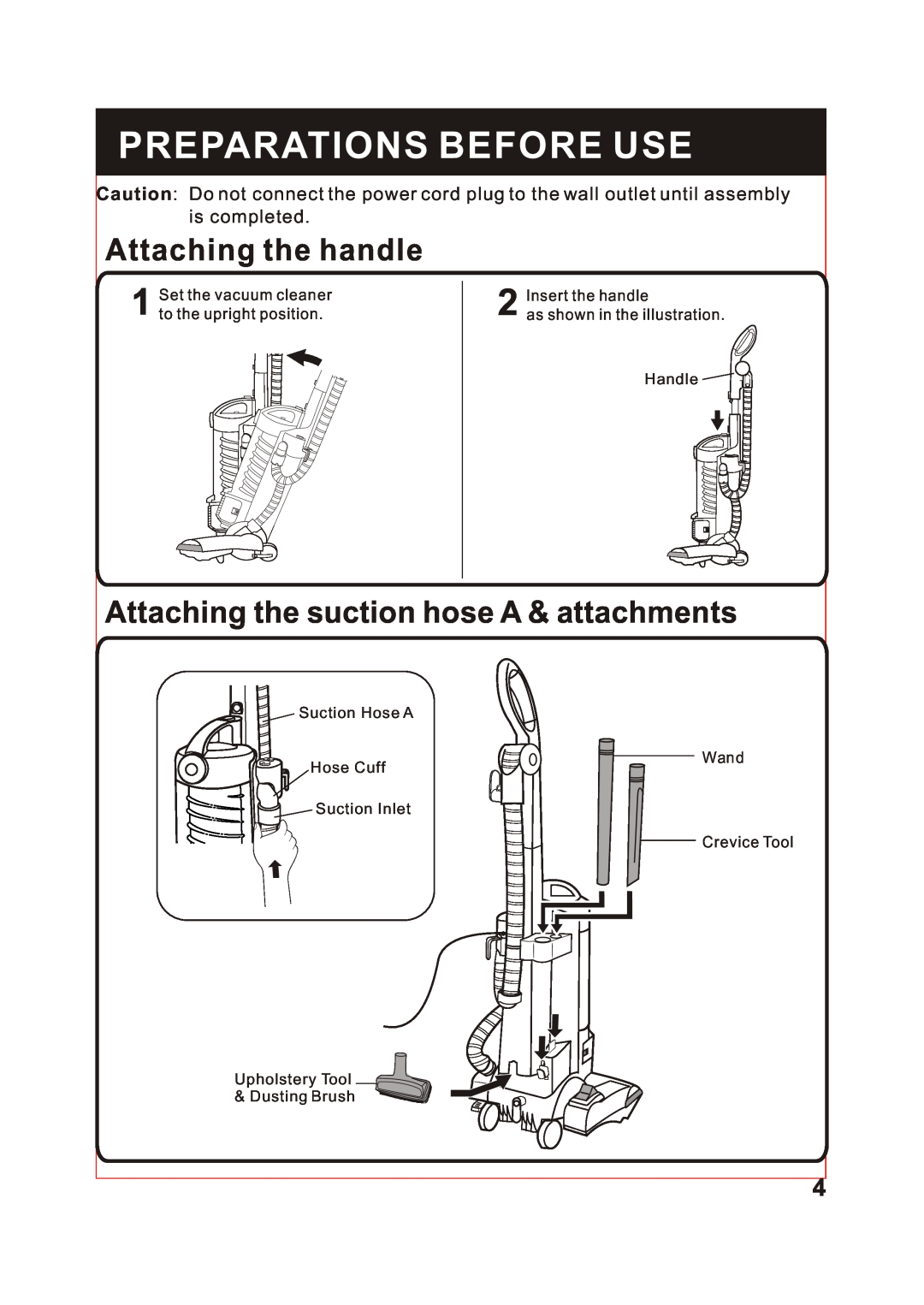 Fantom Vacuum FM741 Preparations Before Use, Attaching the handle, Attaching the suction hose A & attachments 