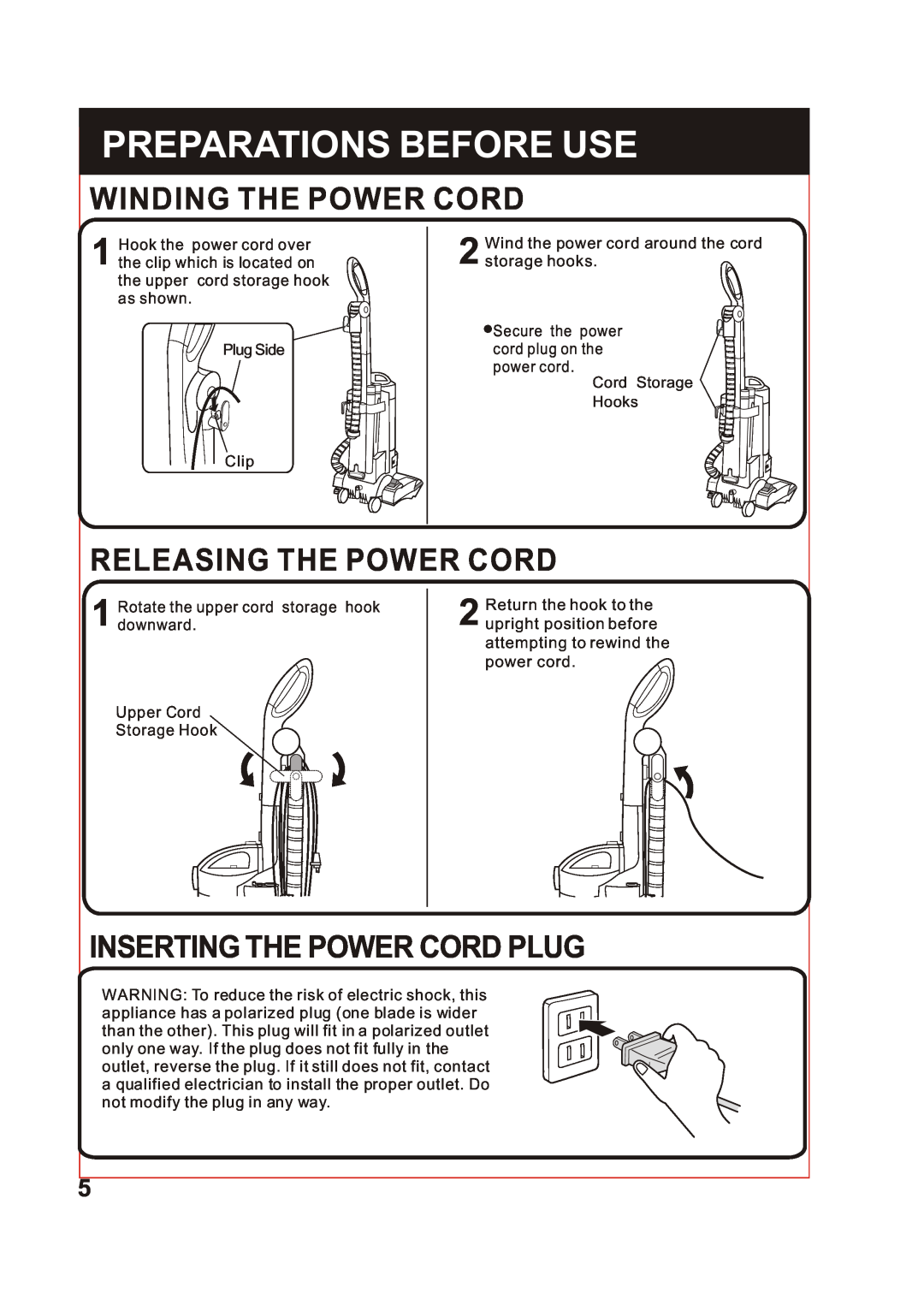 Fantom Vacuum FM741 instruction manual Winding The Power Cord, Releasing The Power Cord, Inserting The Power Cord Plug 