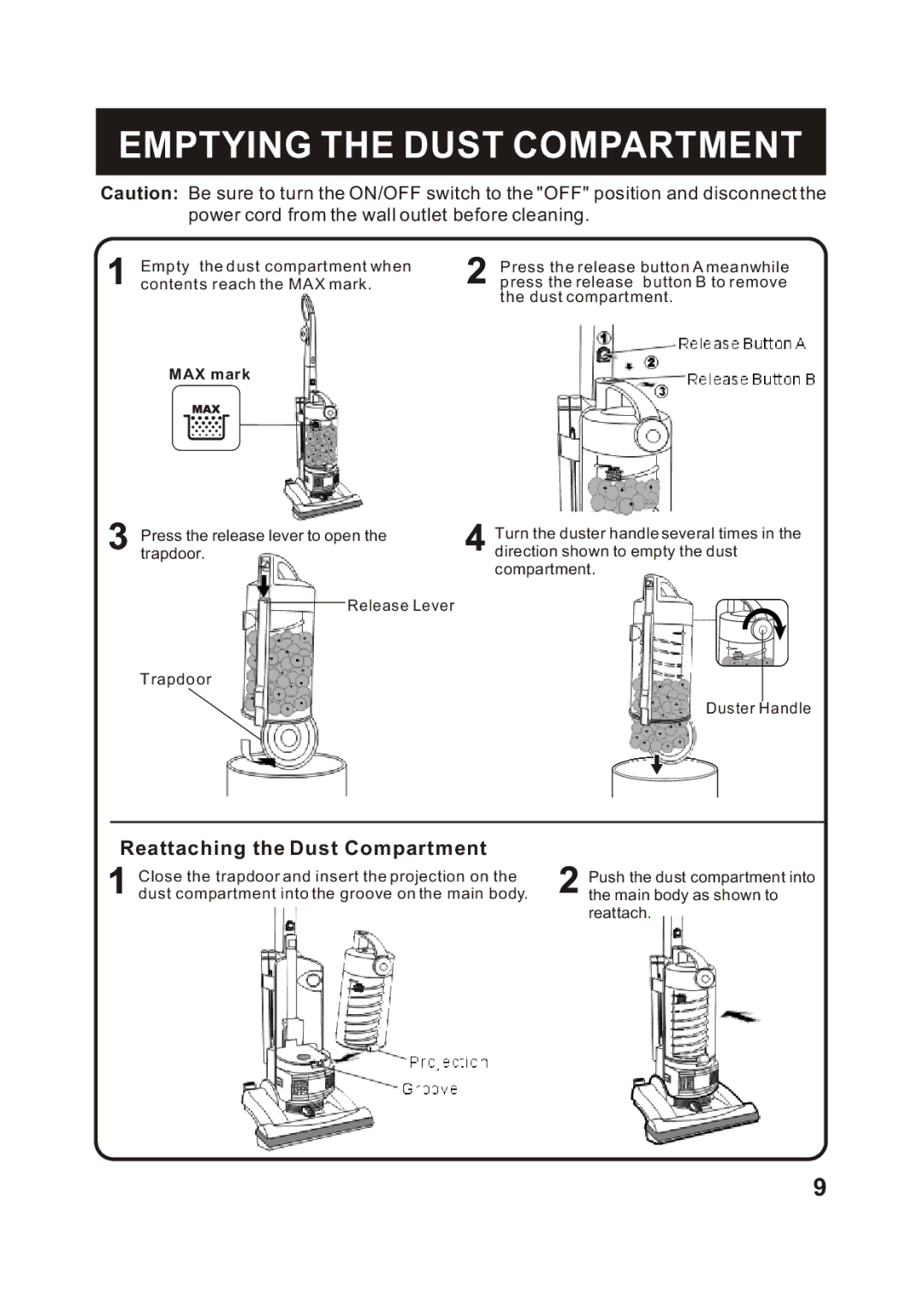 Fantom Vacuum FM741B instruction manual Emptying the Dust Compartment, Power cord from the wall outlet before cleaning 