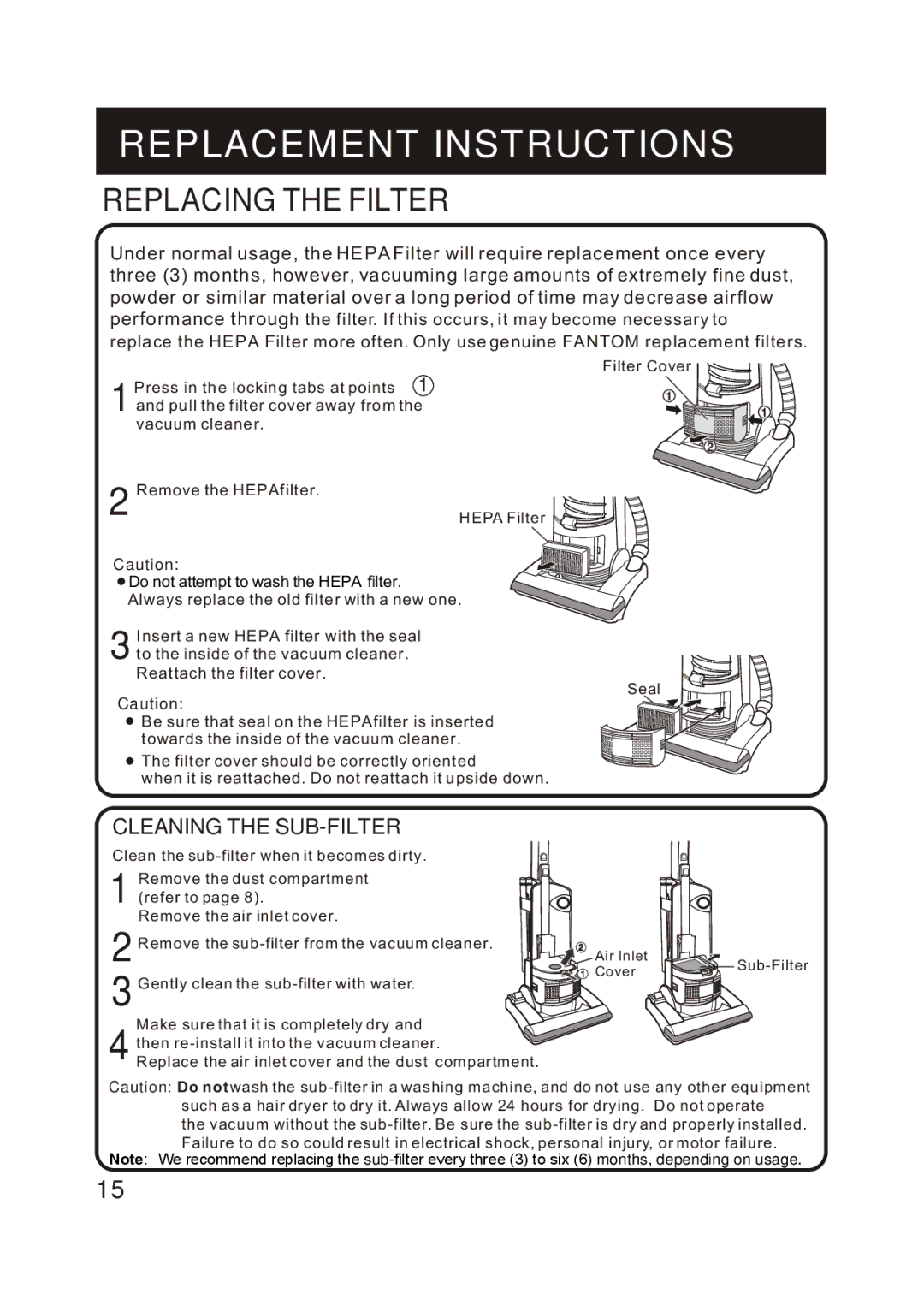 Fantom Vacuum FM741B instruction manual Replacing the Filter, Pull the filter cover away from 